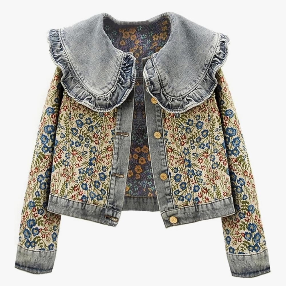 BLUEFIRE Bohemian Jacquard Denim Jacket Peter Pan Collar Brocade Floral NWT